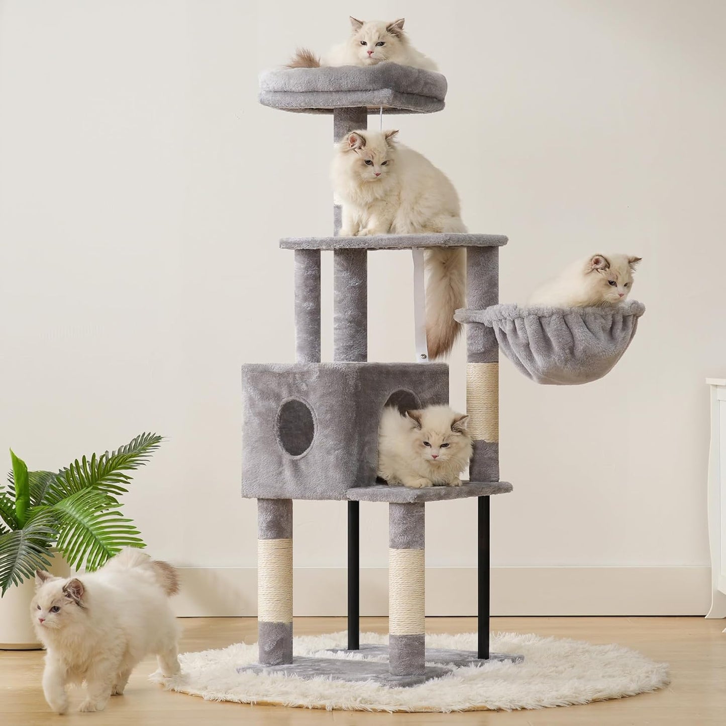 Cat Tree, 49.2 Inches Cat Tower for Indoor Cats, Spacious Cat House Condo with Hidden Space,Sturdy Steel Tube,Soft Plush Top Perch,Cozy Hammock and Sisal Scratching Posts