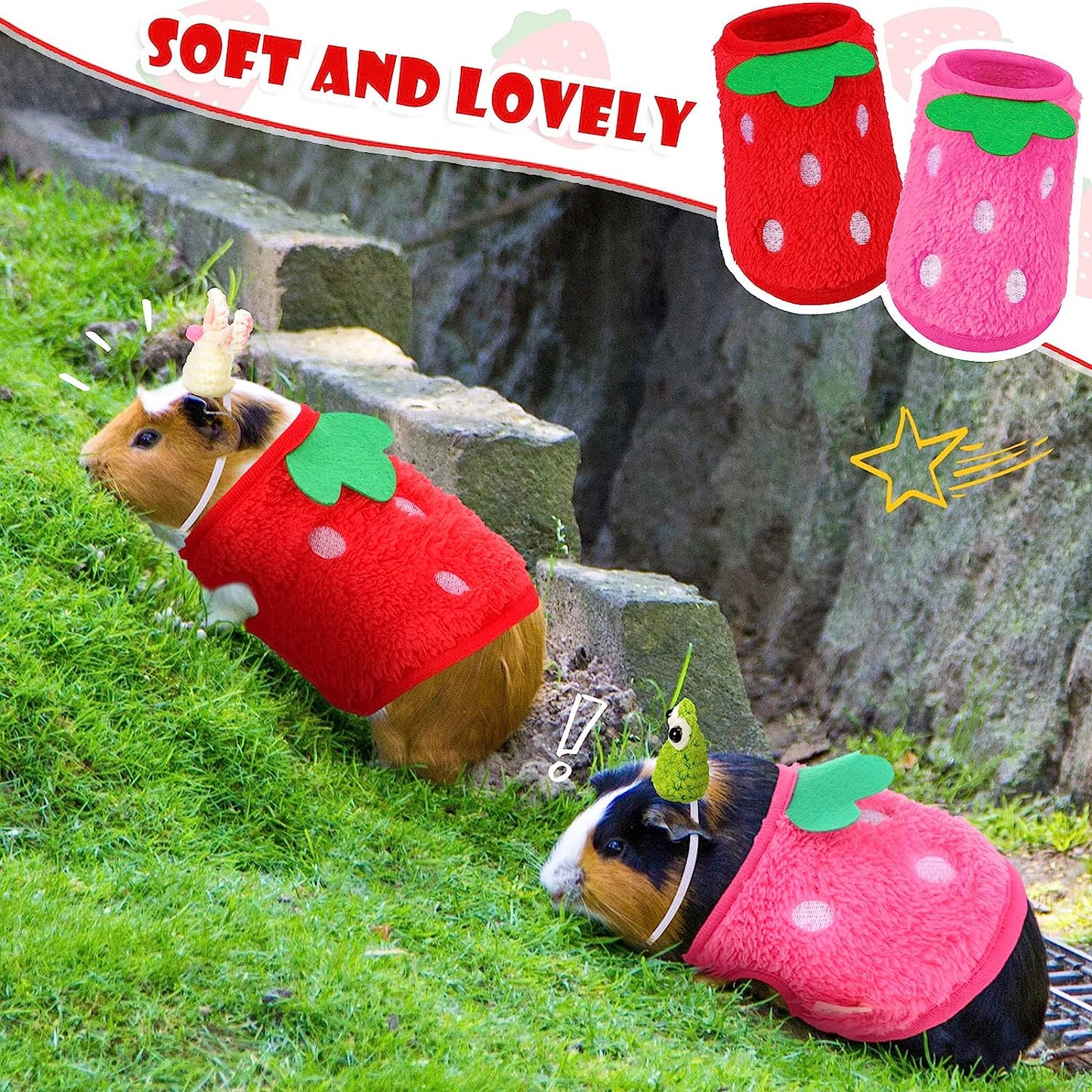 4 Pieces Guinea Pig Stuff Includes 2 Guinea Pig Clothes and 2 Cute Mini Hats with Adjustable Strap Small Animal Warm Vest Cozy Hand Knitted Hat for Hamster Bunny(Frog Style)