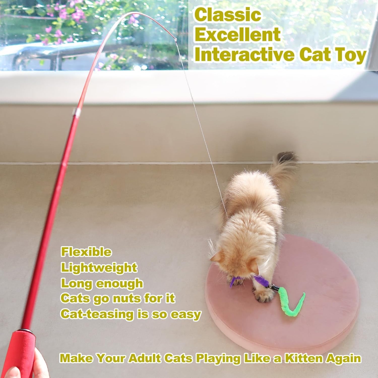 Cat Toys for Indoor Cats, Interactive Cat Toy 2PCS Retractable Wand Toy and 9PCS Cat Feather Toys Refills, Funny Kitten Toys Cat Fishing Pole Toy for Bored Indoor Cats Chase and Exercise