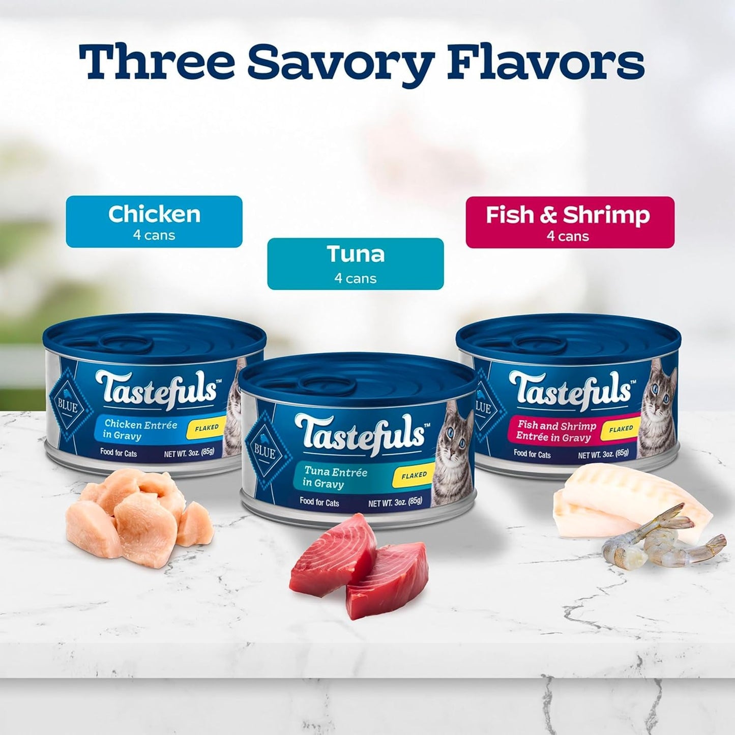 Tastefuls Flaked Wet Cat Food Variety Pack, Made with Natural Ingredients, Tuna, Chicken, Fish & Shrimp, 3-Oz Cans (12 Count, 4 of Each)