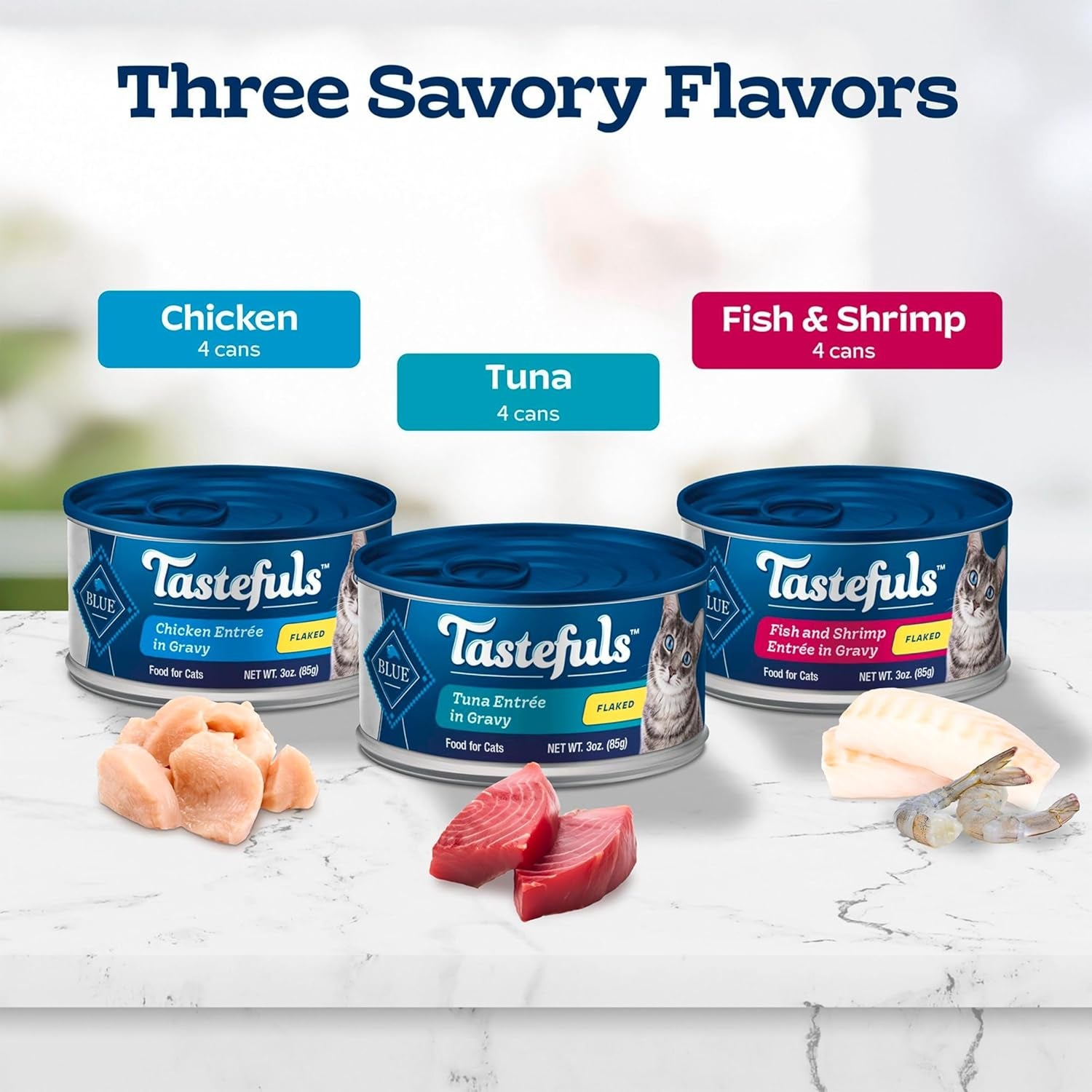 Tastefuls Flaked Wet Cat Food Variety Pack, Made with Natural Ingredients, Tuna, Chicken, Fish & Shrimp, 3-Oz Cans (12 Count, 4 of Each)