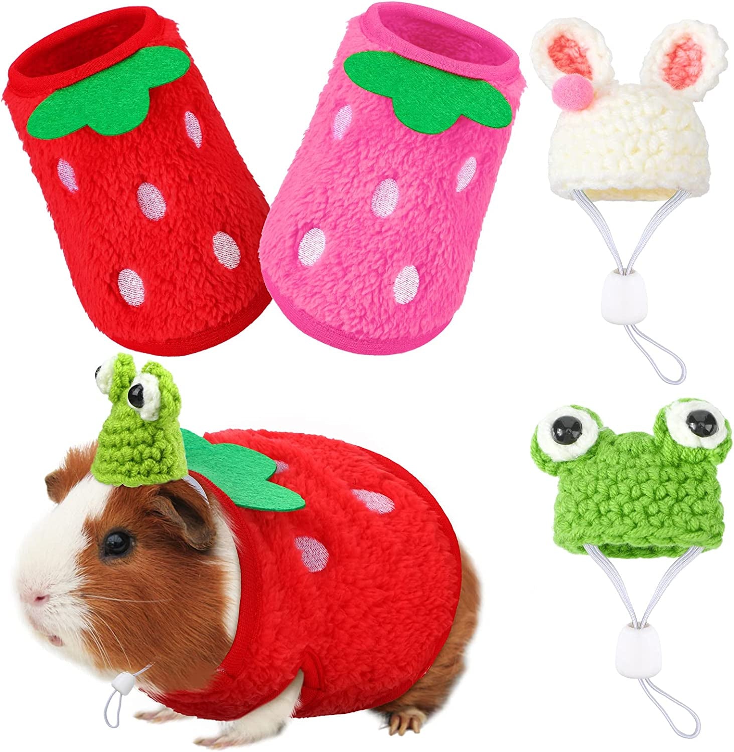 4 Pieces Guinea Pig Stuff Includes 2 Guinea Pig Clothes and 2 Cute Mini Hats with Adjustable Strap Small Animal Warm Vest Cozy Hand Knitted Hat for Hamster Bunny(Frog Style)