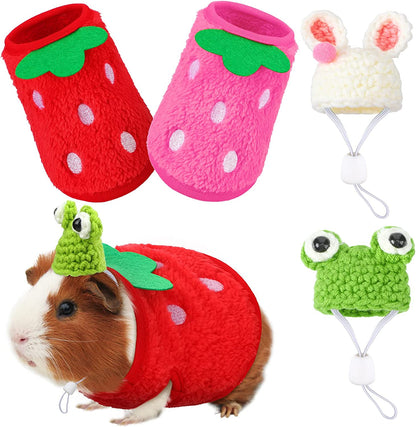 4 Pieces Guinea Pig Stuff Includes 2 Guinea Pig Clothes and 2 Cute Mini Hats with Adjustable Strap Small Animal Warm Vest Cozy Hand Knitted Hat for Hamster Bunny(Frog Style)