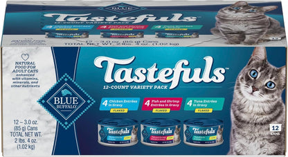 Tastefuls Flaked Wet Cat Food Variety Pack, Made with Natural Ingredients, Tuna, Chicken, Fish & Shrimp, 3-Oz Cans (12 Count, 4 of Each)