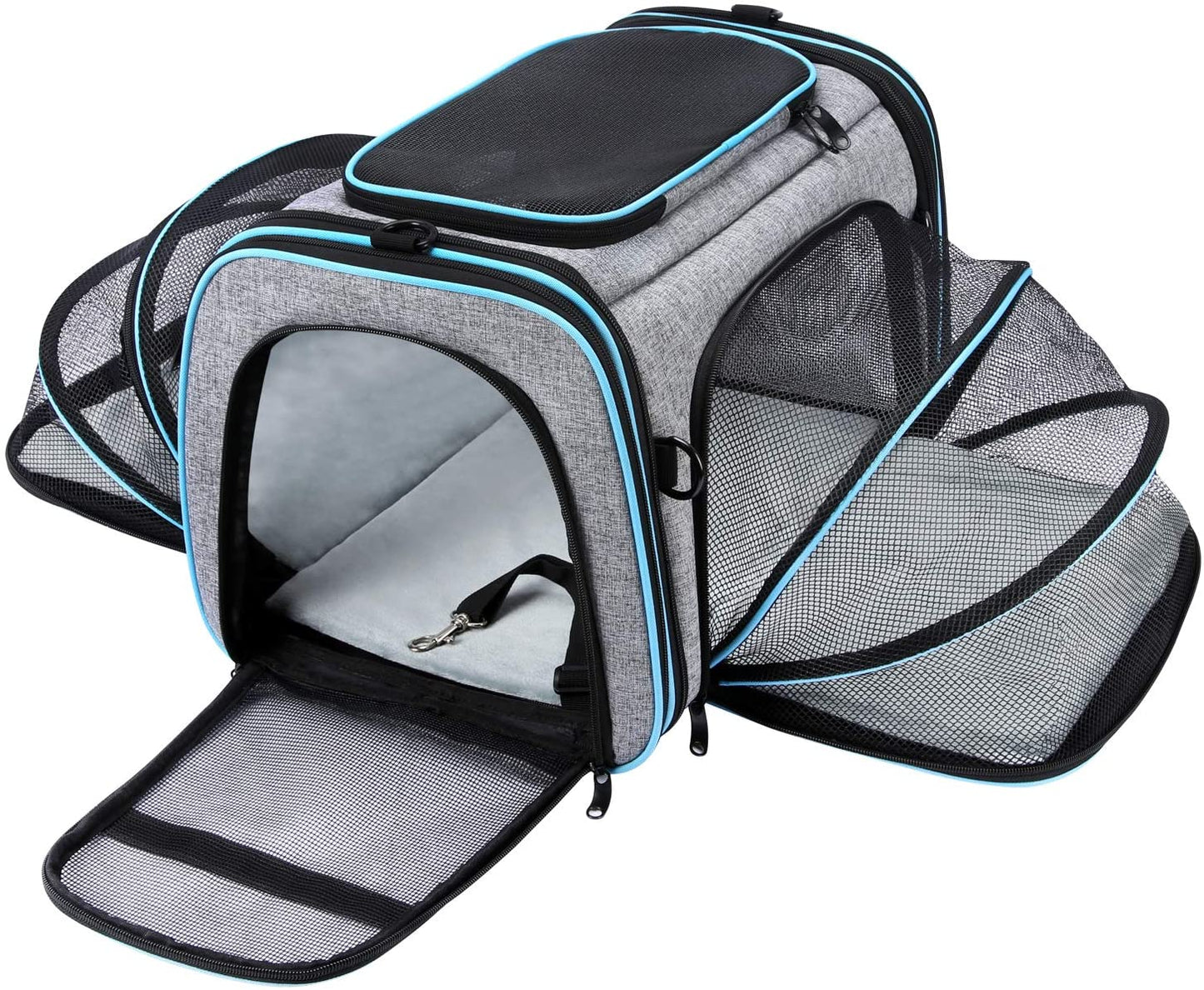 Pet Carrier, Large Soft Sided Pet Travel TSA Carrier 4 Sides Expandable Cat Collapsible Carriers with Removable Fleece Pad and Pockets for Cats Dogs and Small Animals