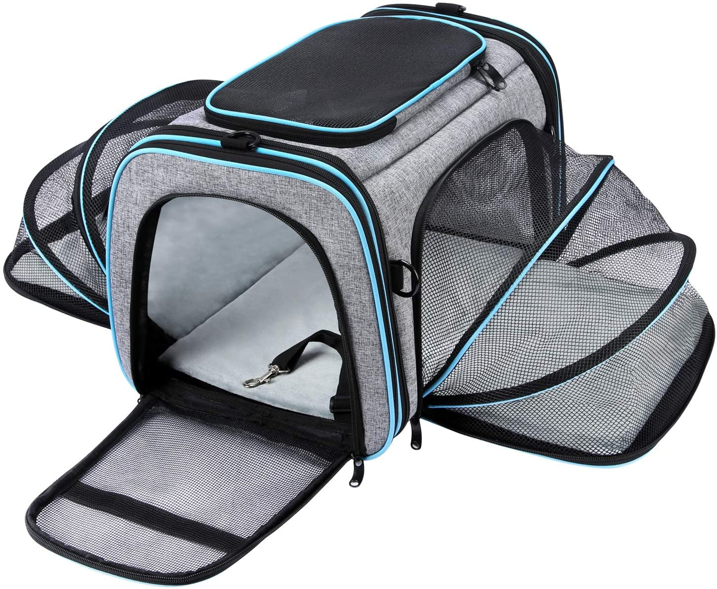 Pet Carrier, Large Soft Sided Pet Travel TSA Carrier 4 Sides Expandable Cat Collapsible Carriers with Removable Fleece Pad and Pockets for Cats Dogs and Small Animals