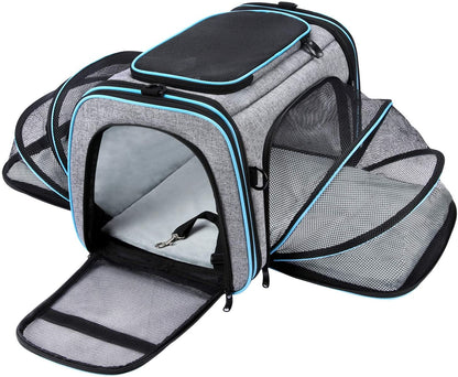 Pet Carrier, Large Soft Sided Pet Travel TSA Carrier 4 Sides Expandable Cat Collapsible Carriers with Removable Fleece Pad and Pockets for Cats Dogs and Small Animals