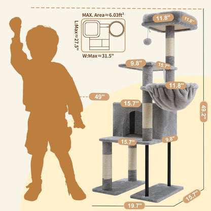 Cat Tree, 49.2 Inches Cat Tower for Indoor Cats, Spacious Cat House Condo with Hidden Space，Sturdy Steel Tube，Soft Plush Top Perch，Cozy Hammock and Sisal Scratching Posts