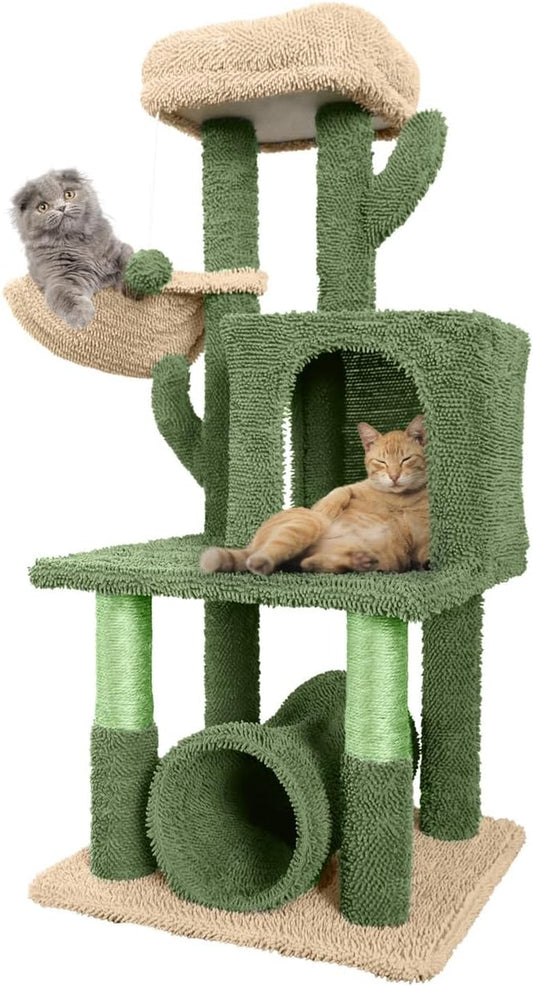 Cactus Cat Tower for Indoor Cats, Cute 40-Inch Small Cactus Cat Tree W/Widened Perch for Large Cats & Kittens, Multi-Level Cat Activity Tree W/Scratching Post, Tunnel, Basket