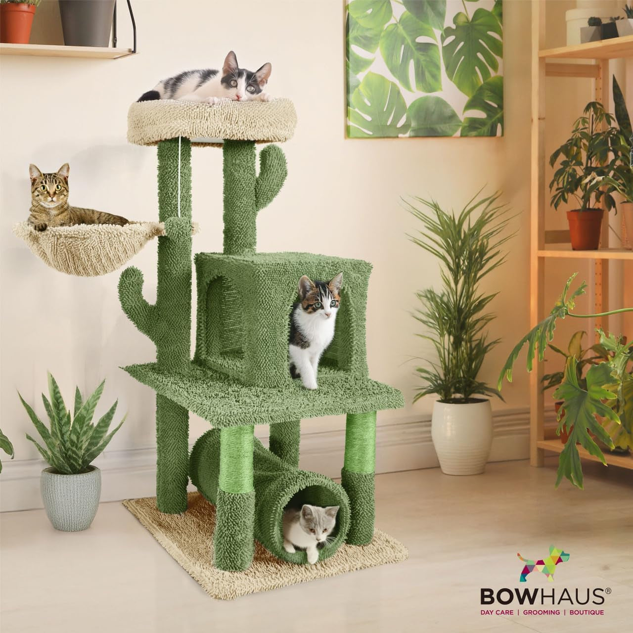 Cactus Cat Tower for Indoor Cats, Cute 40-Inch Small Cactus Cat Tree W/Widened Perch for Large Cats & Kittens, Multi-Level Cat Activity Tree W/Scratching Post, Tunnel, Basket