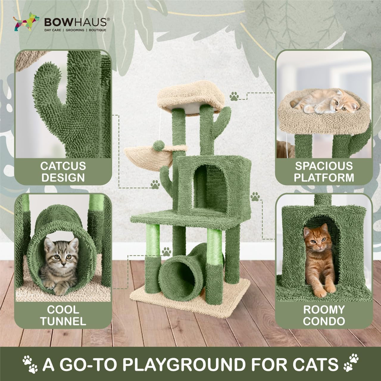 Cactus Cat Tower for Indoor Cats, Cute 40-Inch Small Cactus Cat Tree W/Widened Perch for Large Cats & Kittens, Multi-Level Cat Activity Tree W/Scratching Post, Tunnel, Basket
