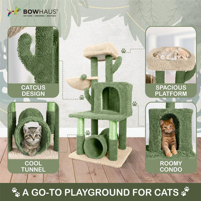 Cactus Cat Tower for Indoor Cats, Cute 40-Inch Small Cactus Cat Tree W/Widened Perch for Large Cats & Kittens, Multi-Level Cat Activity Tree W/Scratching Post, Tunnel, Basket