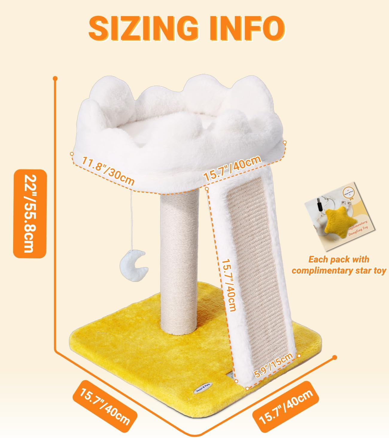 New Cloud Cat Tree Tower, Cat Scratching Post with Bed, Small Cat Tree, Compact Cat Tower with Scratching Pad & Cloud Soft Perch & Cute Toys, Extra Toy, Bonus Catnip