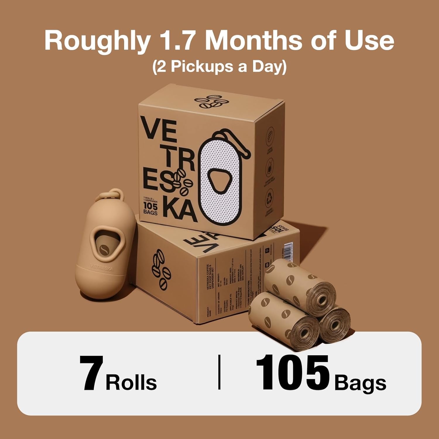 Dog Poop Bags Dispenser with Coffee Scented Waste Bags, Leak Proof, Extra Thick & Strong, 1 Holder and 105 Count Pet Poop Bags (7 Refill Rolls) for Dogs and Cats