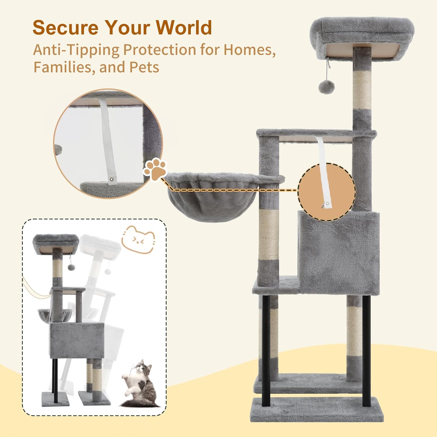 Cat Tree, 49.2 Inches Cat Tower for Indoor Cats, Spacious Cat House Condo with Hidden Space，Sturdy Steel Tube，Soft Plush Top Perch，Cozy Hammock and Sisal Scratching Posts