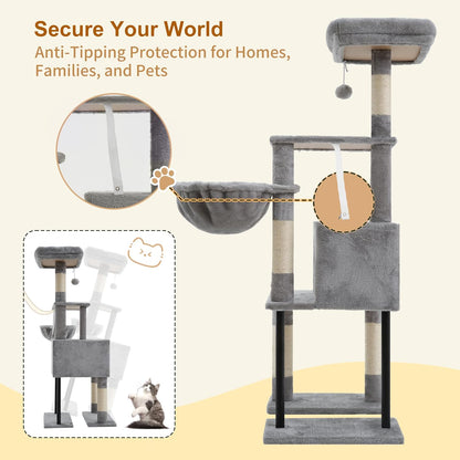 Cat Tree, 49.2 Inches Cat Tower for Indoor Cats, Spacious Cat House Condo with Hidden Space，Sturdy Steel Tube，Soft Plush Top Perch，Cozy Hammock and Sisal Scratching Posts
