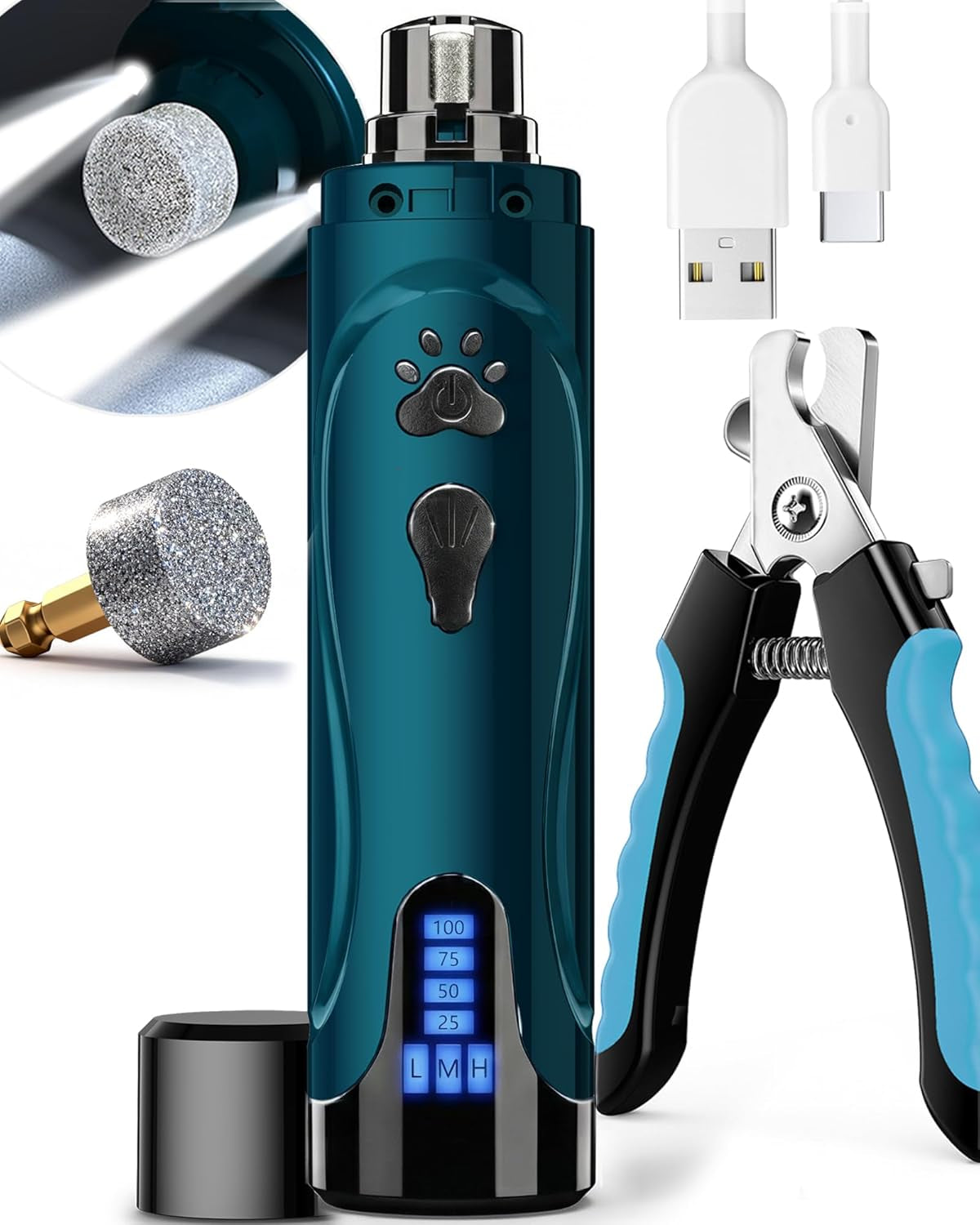 Dog Nail Trimmers and Dog Nail Clippers Kit, Whisper Quiet Electric Grinder with Light, for Small, Medium, Large Dogs, Cats Toenail Grooming, 3 Speeds