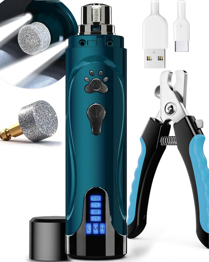 Dog Nail Trimmers and Dog Nail Clippers Kit, Whisper Quiet Electric Grinder with Light, for Small, Medium, Large Dogs, Cats Toenail Grooming, 3 Speeds