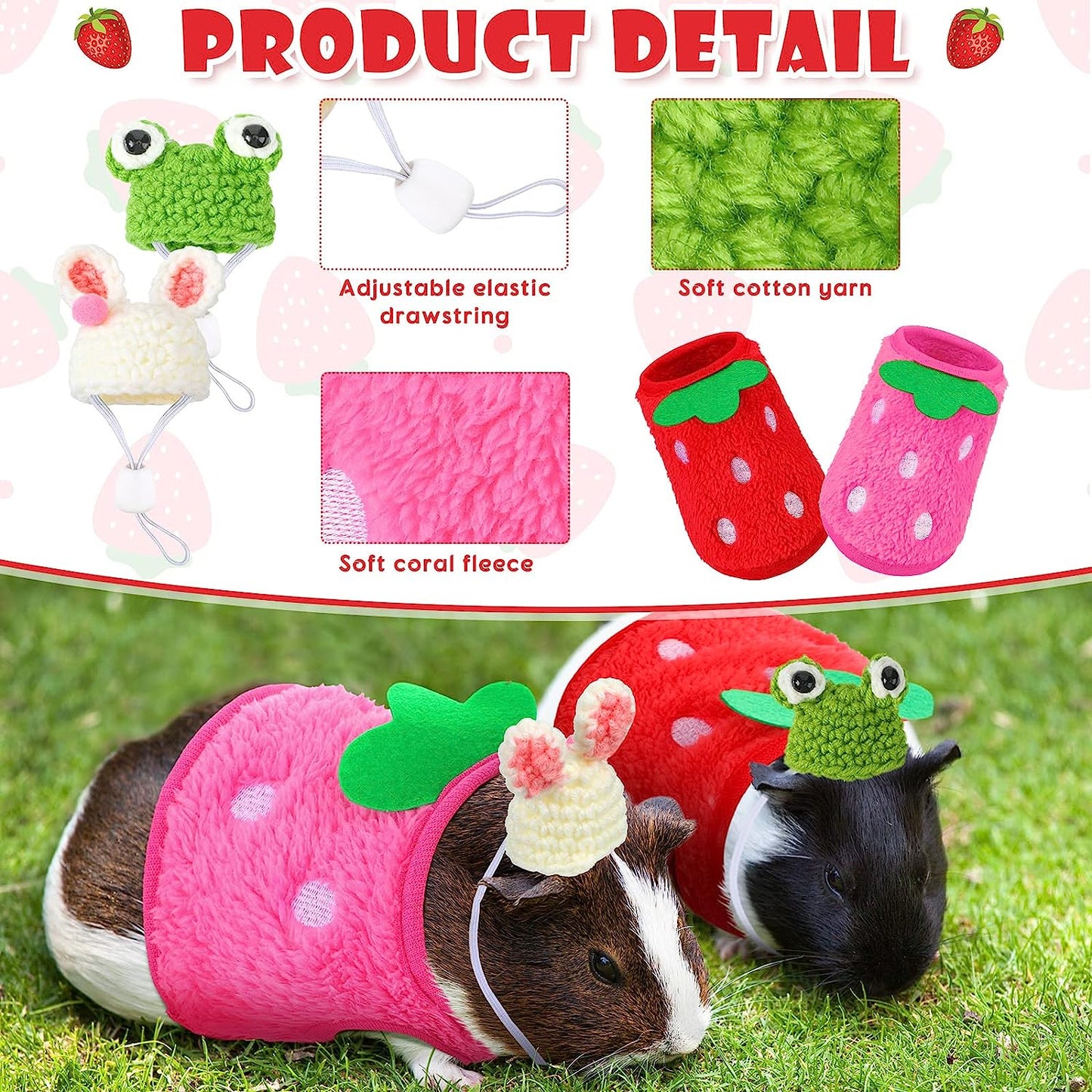 4 Pieces Guinea Pig Stuff Includes 2 Guinea Pig Clothes and 2 Cute Mini Hats with Adjustable Strap Small Animal Warm Vest Cozy Hand Knitted Hat for Hamster Bunny(Frog Style)