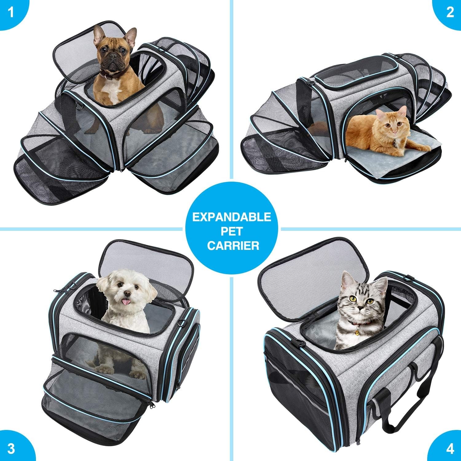Pet Carrier, Large Soft Sided Pet Travel TSA Carrier 4 Sides Expandable Cat Collapsible Carriers with Removable Fleece Pad and Pockets for Cats Dogs and Small Animals