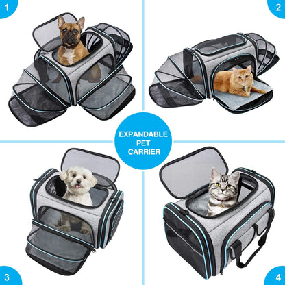 Pet Carrier, Large Soft Sided Pet Travel TSA Carrier 4 Sides Expandable Cat Collapsible Carriers with Removable Fleece Pad and Pockets for Cats Dogs and Small Animals