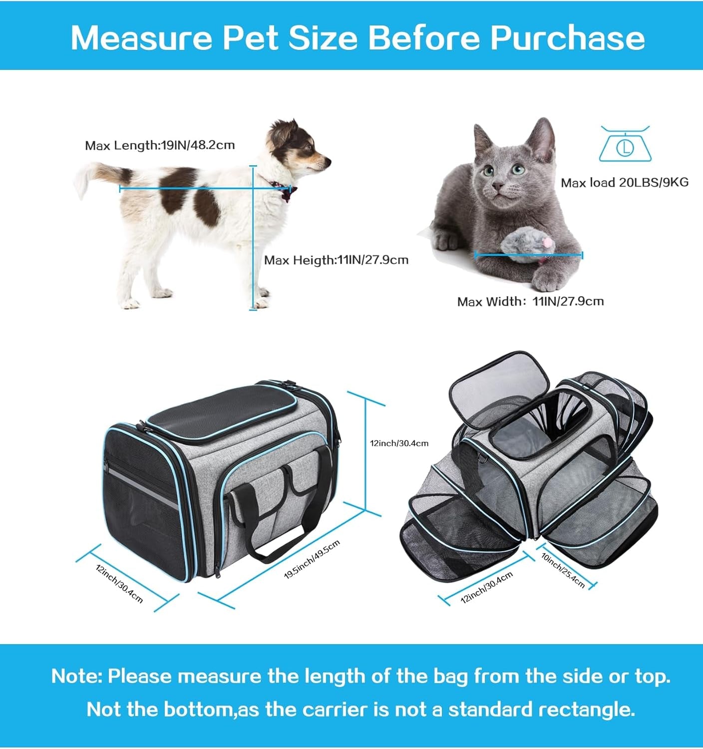 Pet Carrier, Large Soft Sided Pet Travel TSA Carrier 4 Sides Expandable Cat Collapsible Carriers with Removable Fleece Pad and Pockets for Cats Dogs and Small Animals