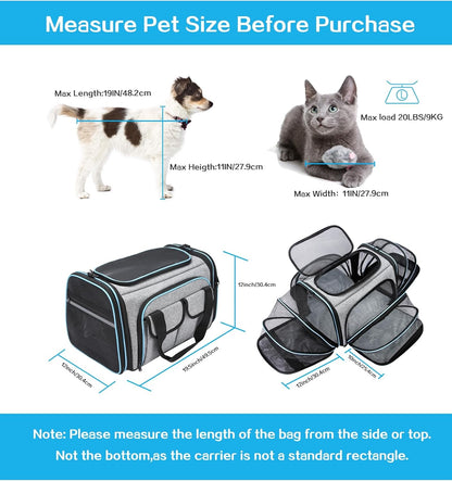 Pet Carrier, Large Soft Sided Pet Travel TSA Carrier 4 Sides Expandable Cat Collapsible Carriers with Removable Fleece Pad and Pockets for Cats Dogs and Small Animals