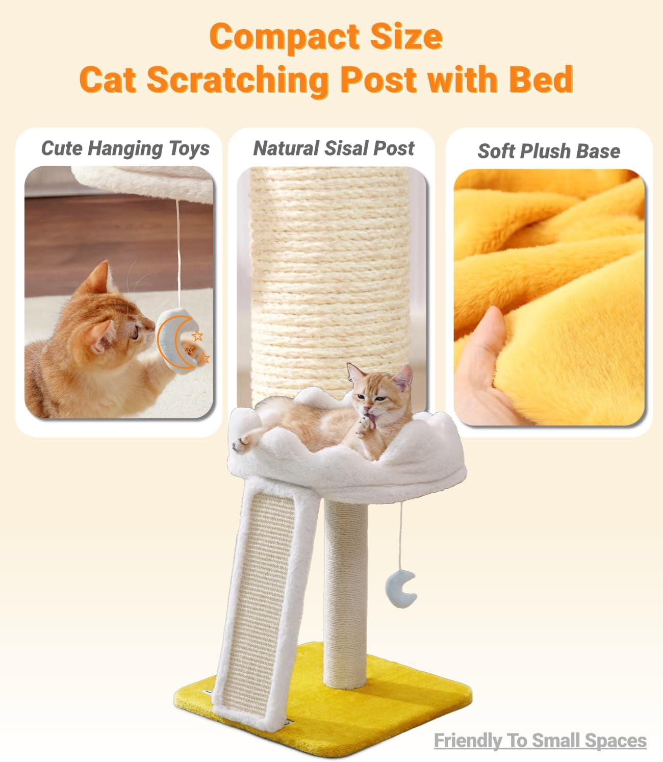New Cloud Cat Tree Tower, Cat Scratching Post with Bed, Small Cat Tree, Compact Cat Tower with Scratching Pad & Cloud Soft Perch & Cute Toys, Extra Toy, Bonus Catnip