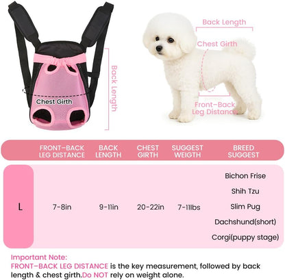 Dog Backpack Carrier, Thick Straps & Cushion, Pet Sling Front Backpacks for Small Medium Dogs 7-11 Lbs, Legs Out, Adjustable Wearable Puppy Chest Travel Bag, Easy-Fit for Hiking/Walking/Camping