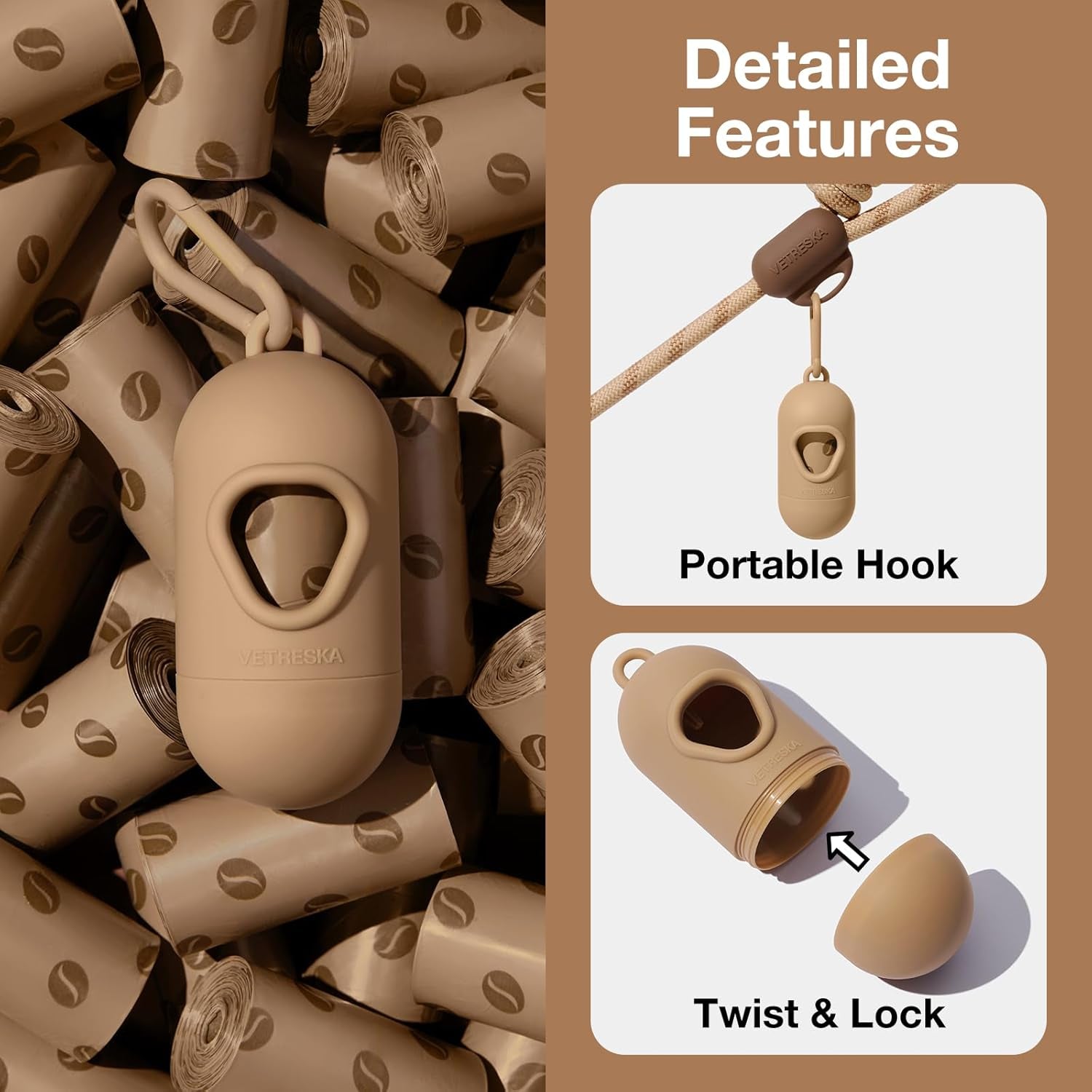 Dog Poop Bags Dispenser with Coffee Scented Waste Bags, Leak Proof, Extra Thick & Strong, 1 Holder and 105 Count Pet Poop Bags (7 Refill Rolls) for Dogs and Cats