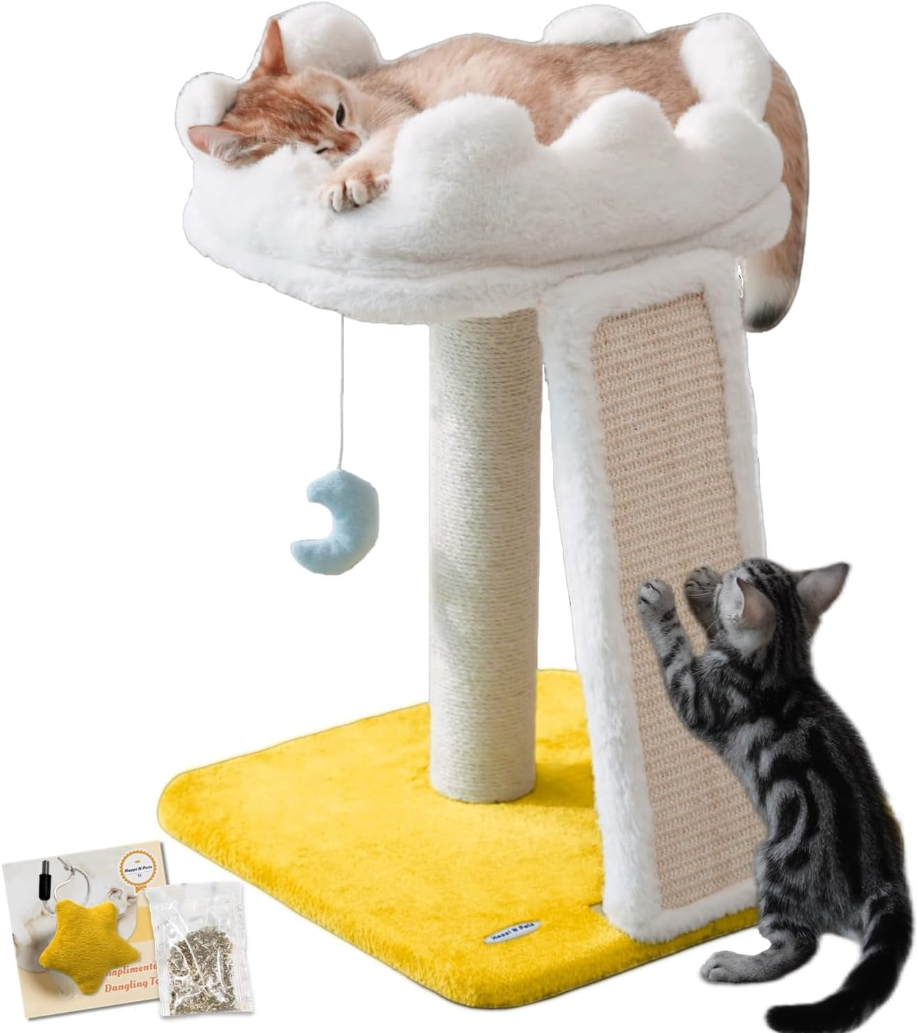 New Cloud Cat Tree Tower, Cat Scratching Post with Bed, Small Cat Tree, Compact Cat Tower with Scratching Pad & Cloud Soft Perch & Cute Toys, Extra Toy, Bonus Catnip