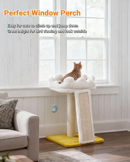 New Cloud Cat Tree Tower, Cat Scratching Post with Bed, Small Cat Tree, Compact Cat Tower with Scratching Pad & Cloud Soft Perch & Cute Toys, Extra Toy, Bonus Catnip