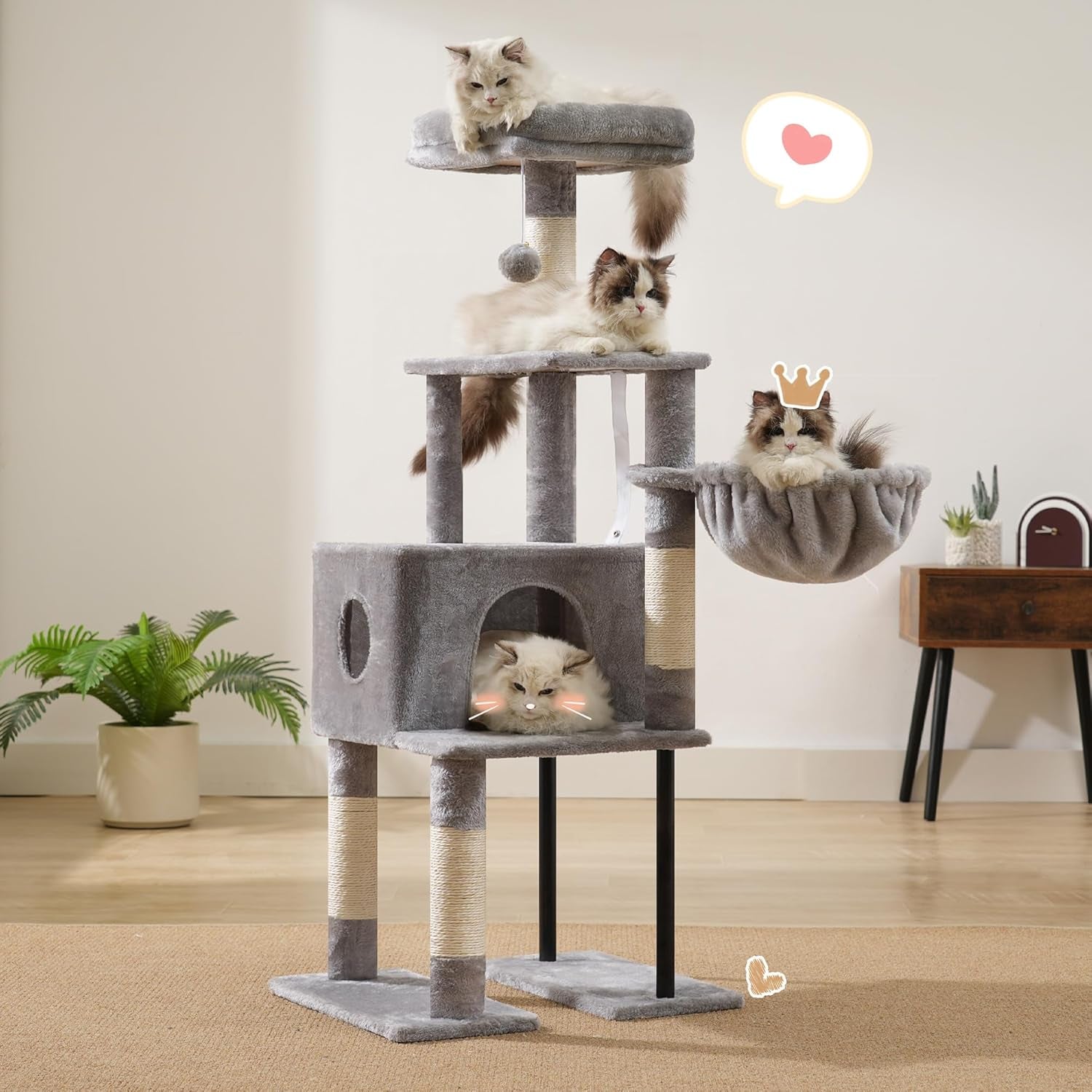 Cat Tree, 49.2 Inches Cat Tower for Indoor Cats, Spacious Cat House Condo with Hidden Space，Sturdy Steel Tube，Soft Plush Top Perch，Cozy Hammock and Sisal Scratching Posts