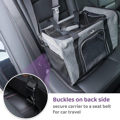  Pet Carrier for Small Cats Dogs, Travel Bag with Adequate Ventilation, 5 Mesh Windows, 3 Entrance, Locking Safety Zippers, Padded Shoulder and Carrying Strap, Small