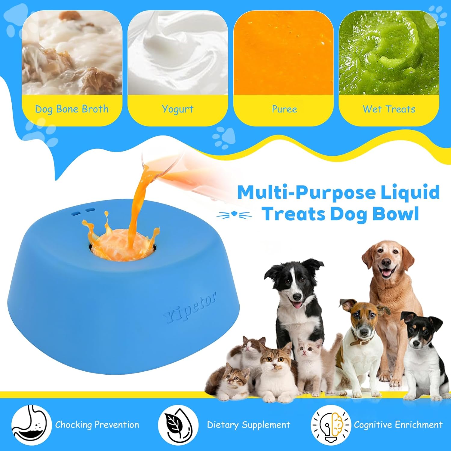Slow Feeder Dog Bowls for Liquid Treat, Anti-Slip【Entertained Ball-In】 Bone Broth Dog Lick Bowl, 3/4 Cup Yogurt Pup Lick Toy for Large Medium Small Breeds Dietary Supplement/Post-Op Nutrition