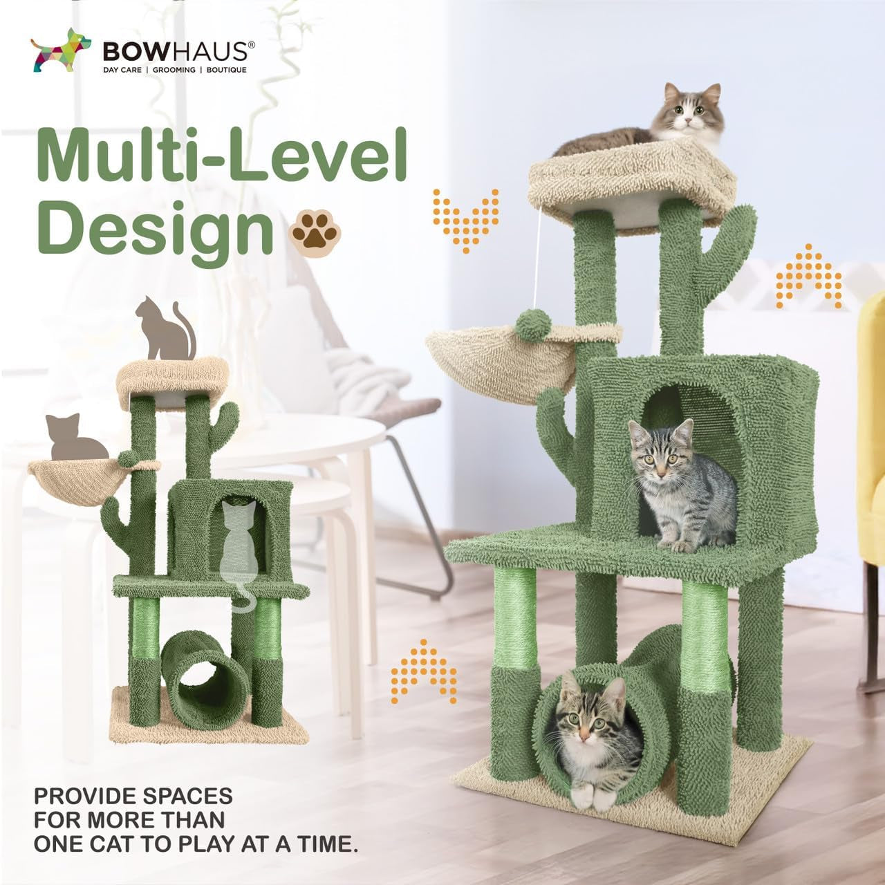 Cactus Cat Tower for Indoor Cats, Cute 40-Inch Small Cactus Cat Tree W/Widened Perch for Large Cats & Kittens, Multi-Level Cat Activity Tree W/Scratching Post, Tunnel, Basket