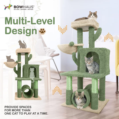Cactus Cat Tower for Indoor Cats, Cute 40-Inch Small Cactus Cat Tree W/Widened Perch for Large Cats & Kittens, Multi-Level Cat Activity Tree W/Scratching Post, Tunnel, Basket