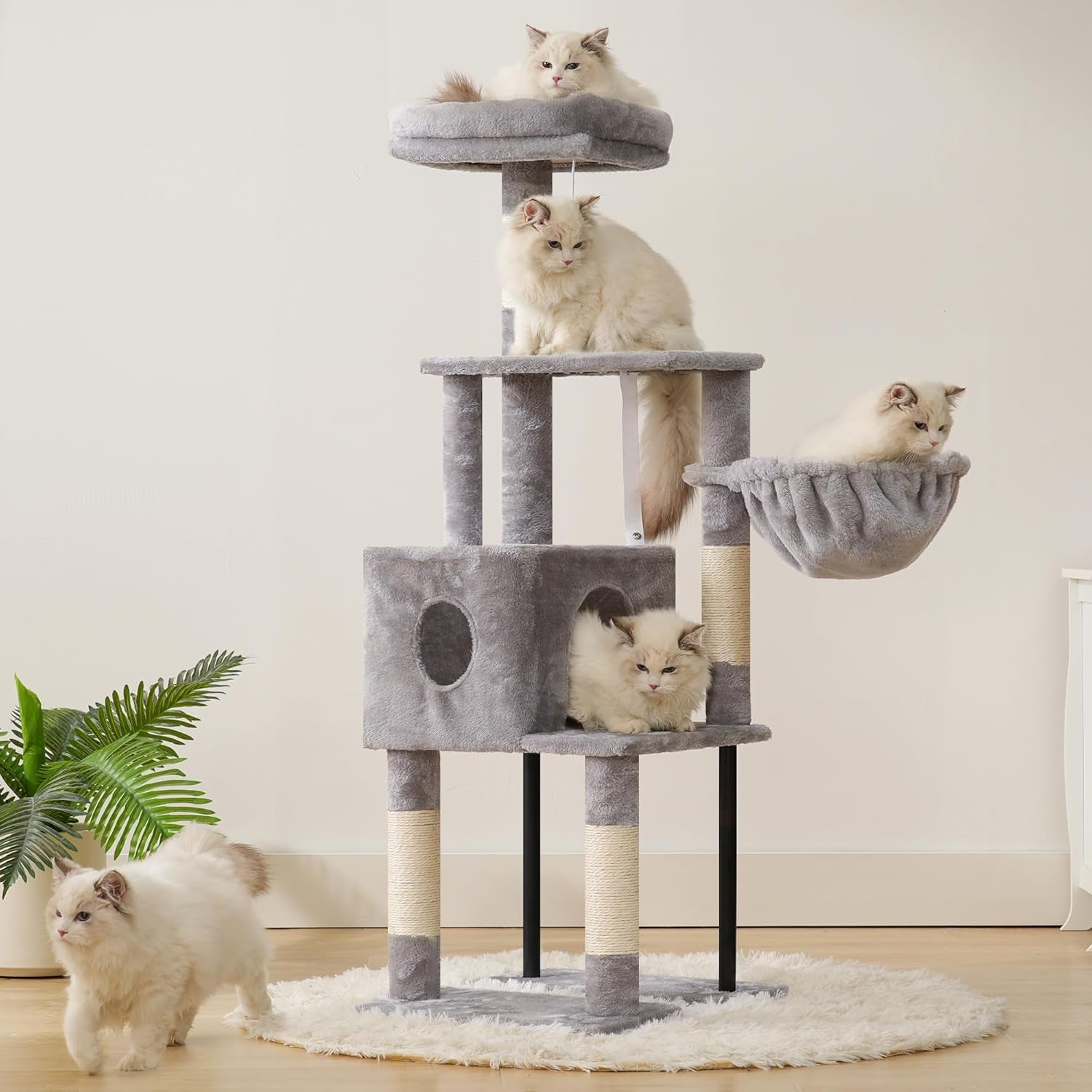 Cat Tree, 49.2 Inches Cat Tower for Indoor Cats, Spacious Cat House Condo with Hidden Space，Sturdy Steel Tube，Soft Plush Top Perch，Cozy Hammock and Sisal Scratching Posts