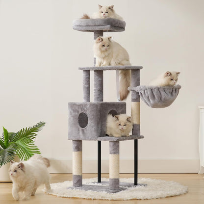 Cat Tree, 49.2 Inches Cat Tower for Indoor Cats, Spacious Cat House Condo with Hidden Space，Sturdy Steel Tube，Soft Plush Top Perch，Cozy Hammock and Sisal Scratching Posts