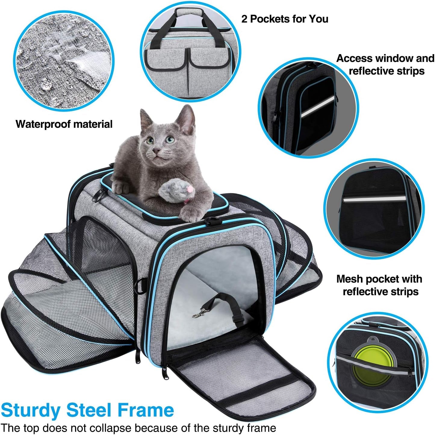 Pet Carrier, Large Soft Sided Pet Travel TSA Carrier 4 Sides Expandable Cat Collapsible Carriers with Removable Fleece Pad and Pockets for Cats Dogs and Small Animals