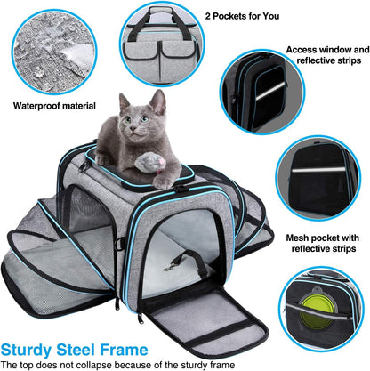 Pet Carrier, Large Soft Sided Pet Travel TSA Carrier 4 Sides Expandable Cat Collapsible Carriers with Removable Fleece Pad and Pockets for Cats Dogs and Small Animals
