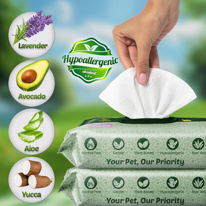 400 Dog Wipes for Paws and Butt Ears Eyes | XL 8X8 Organic Pet Wipes for Dogs | Lavender Scent Dog Wipes Cleaning Deodorizing | Extra Thick Paw Wipes for Dogs Cats Pets | +4 Bonus Glove Wipes