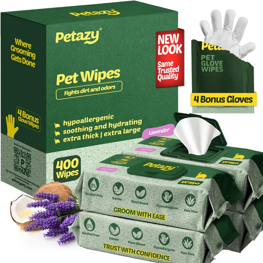 400 Dog Wipes for Paws and Butt Ears Eyes | XL 8X8 Organic Pet Wipes for Dogs | Lavender Scent Dog Wipes Cleaning Deodorizing | Extra Thick Paw Wipes for Dogs Cats Pets | +4 Bonus Glove Wipes