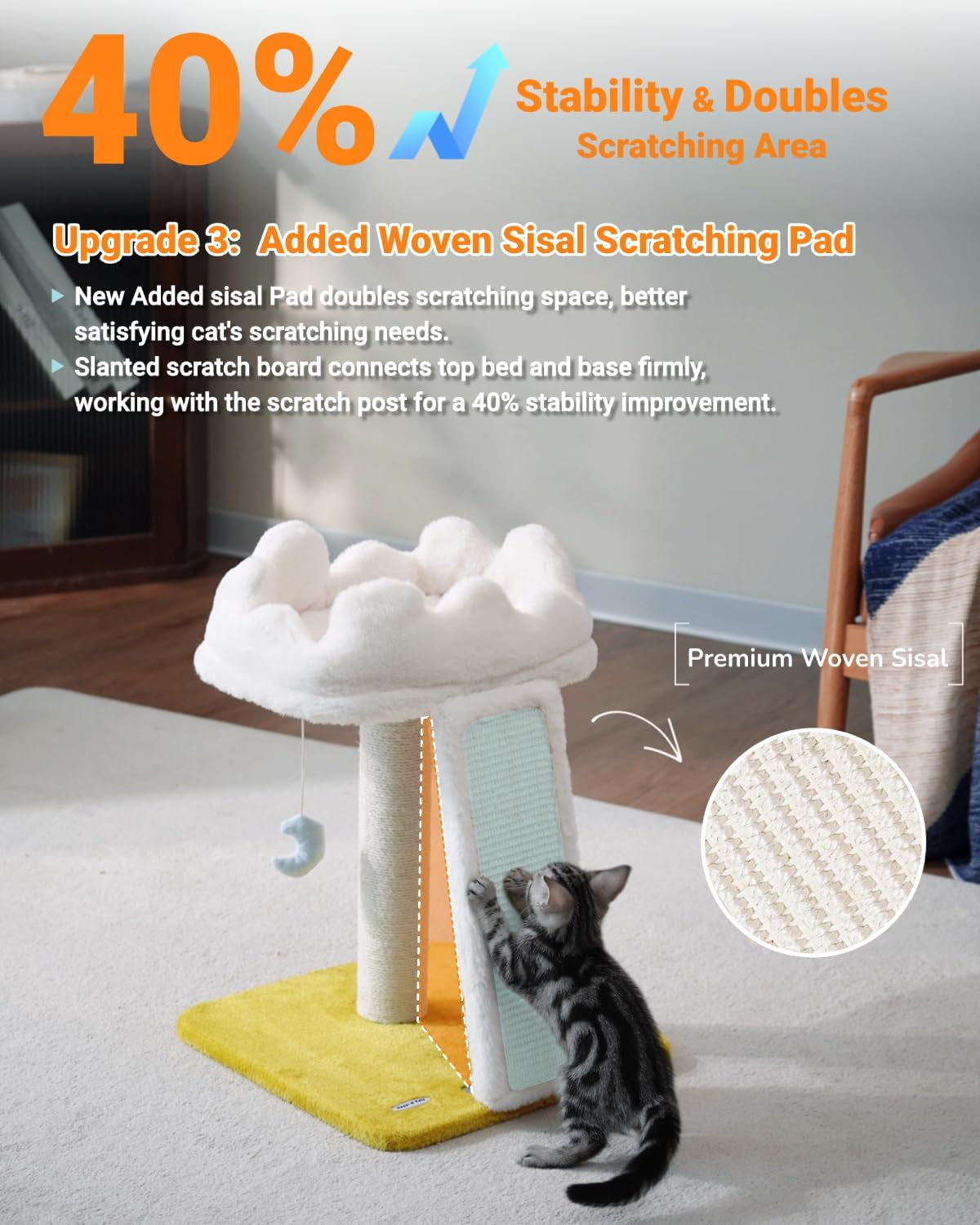 New Cloud Cat Tree Tower, Cat Scratching Post with Bed, Small Cat Tree, Compact Cat Tower with Scratching Pad & Cloud Soft Perch & Cute Toys, Extra Toy, Bonus Catnip