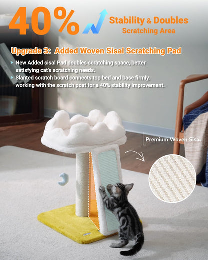 New Cloud Cat Tree Tower, Cat Scratching Post with Bed, Small Cat Tree, Compact Cat Tower with Scratching Pad & Cloud Soft Perch & Cute Toys, Extra Toy, Bonus Catnip