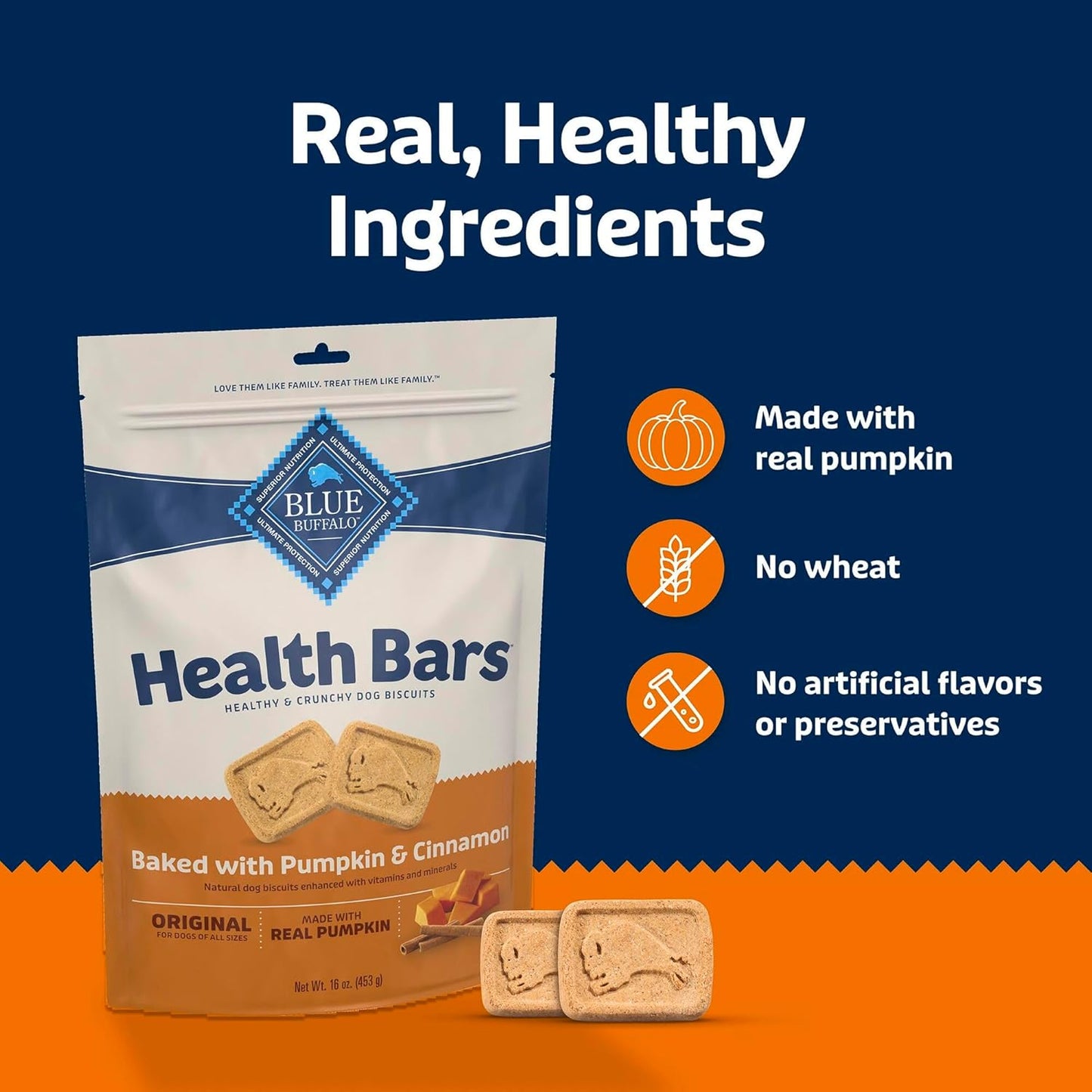 Health Bars Crunchy Dog Biscuits, Oven-Baked with Natural Ingredients, Pumpkin & Cinnamon, 16-Oz Bag