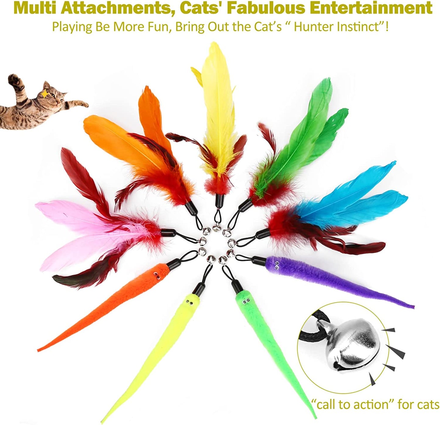 Cat Toys for Indoor Cats, Interactive Cat Toy 2PCS Retractable Wand Toy and 9PCS Cat Feather Toys Refills, Funny Kitten Toys Cat Fishing Pole Toy for Bored Indoor Cats Chase and Exercise