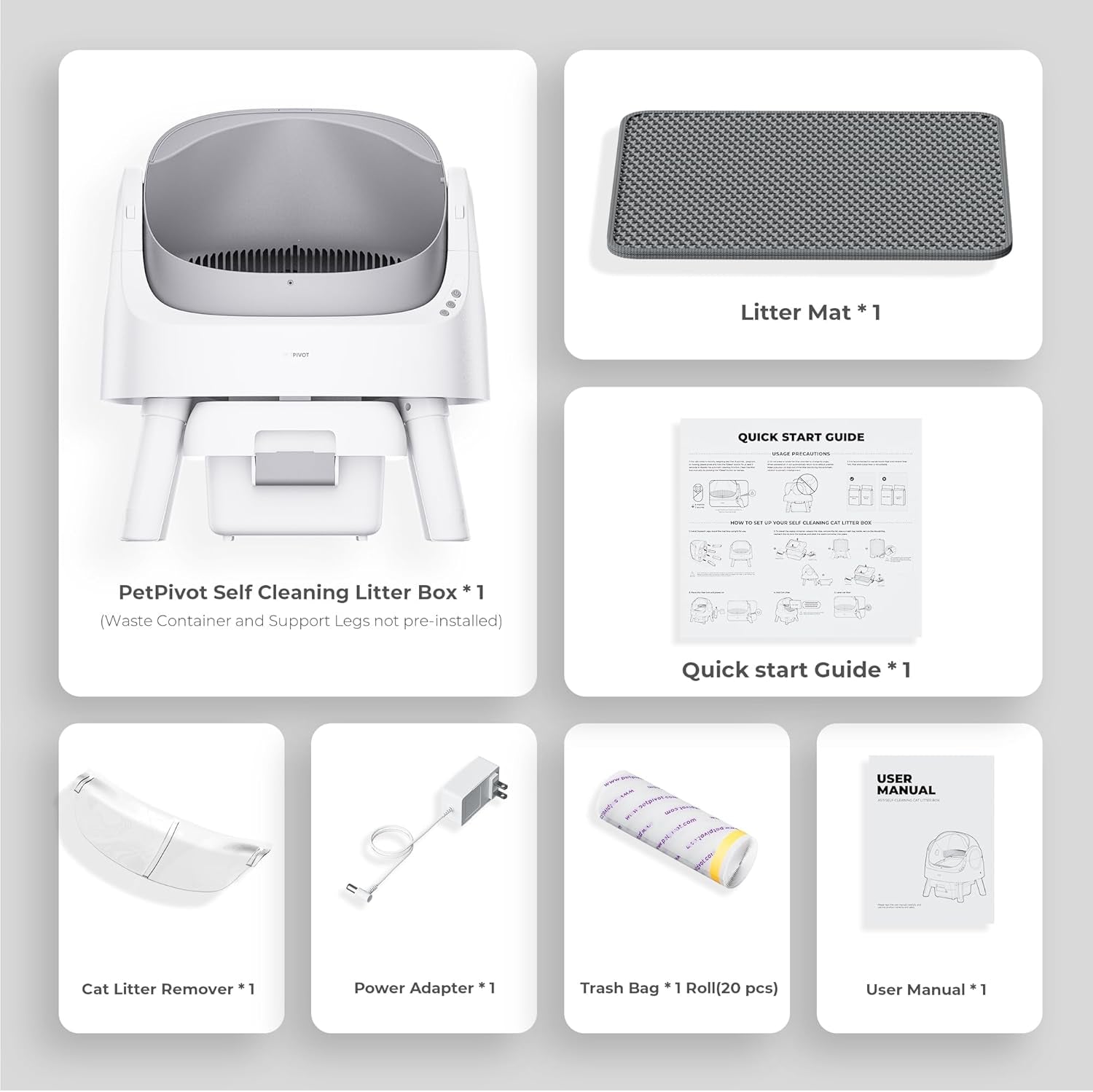 Self Cleaning Cat Litter Box, Safety Sensor and Open Top Design for Multiple Cats, Automatic Cat Litter Box with Liners and Mat Included, Grey
