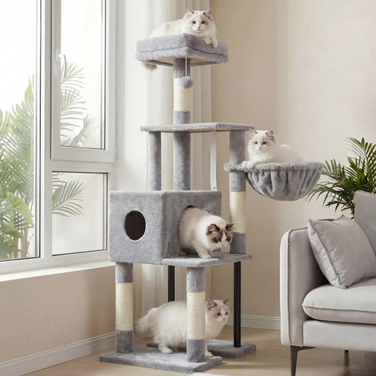 Cat Tree, 49.2 Inches Cat Tower for Indoor Cats, Spacious Cat House Condo with Hidden Space，Sturdy Steel Tube，Soft Plush Top Perch，Cozy Hammock and Sisal Scratching Posts