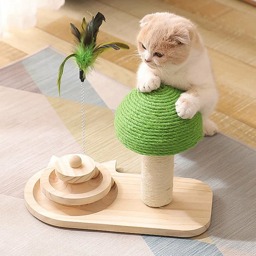 Cat Scratching Post with Feather Toy - Green & Natural Sisal
